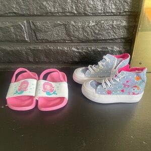 Kids Pink Mermaid Slide Sandals & Blue Embroidered High-Top Sneakers Set